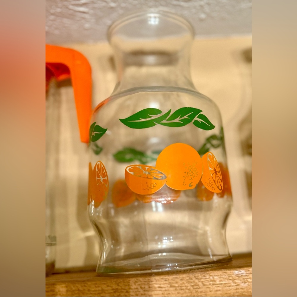 Vintage 1980s Oranges Orange Glass Carafe Juice Pitcher Jug Container